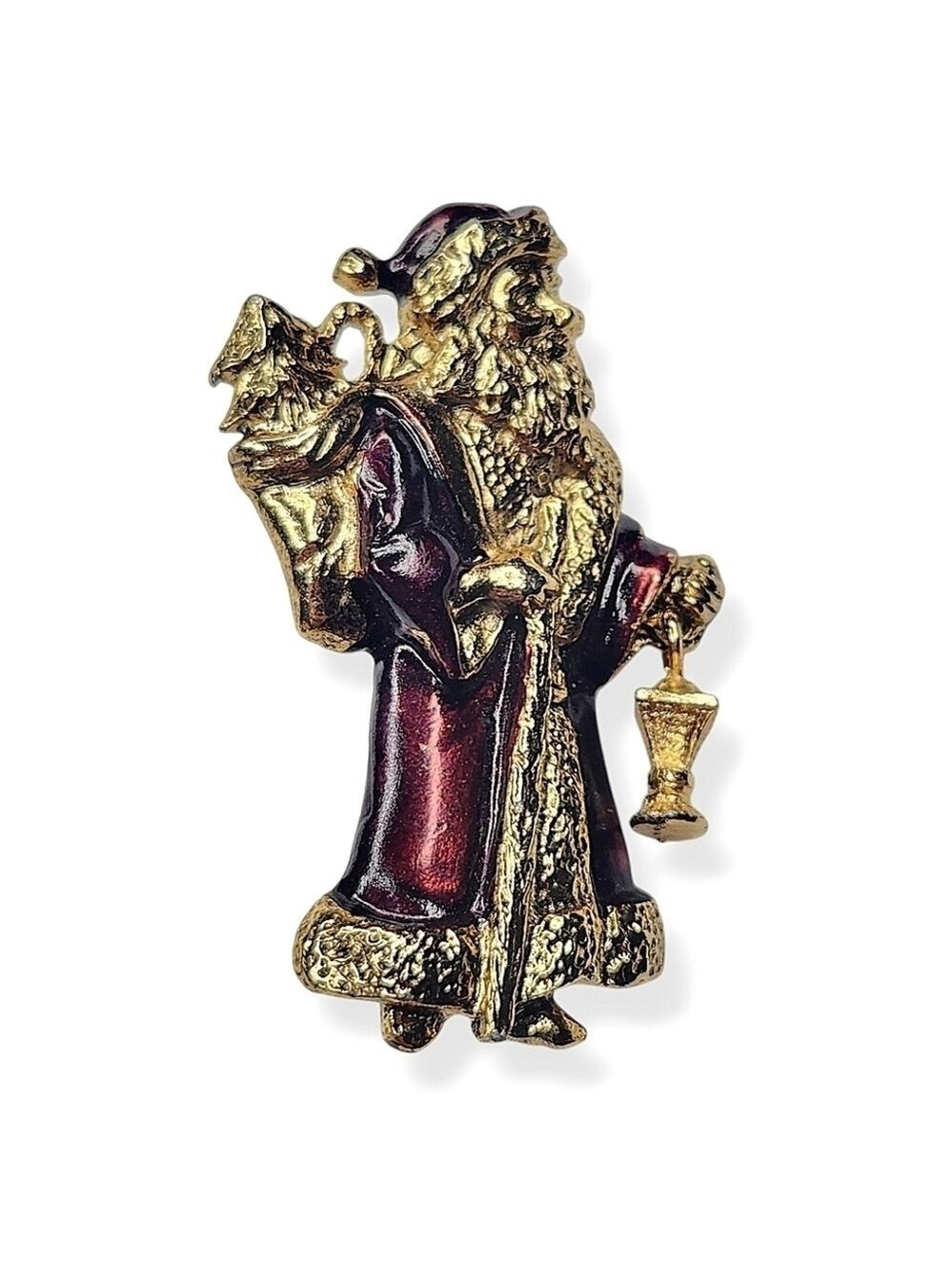 Vintage Signed USA Santa Gold Tone Christmas Articulated Enamel Brooch